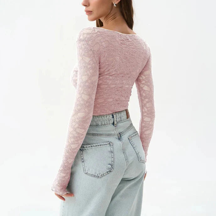 Saskia טופ תחרה שקוף עם שרוול ארוך