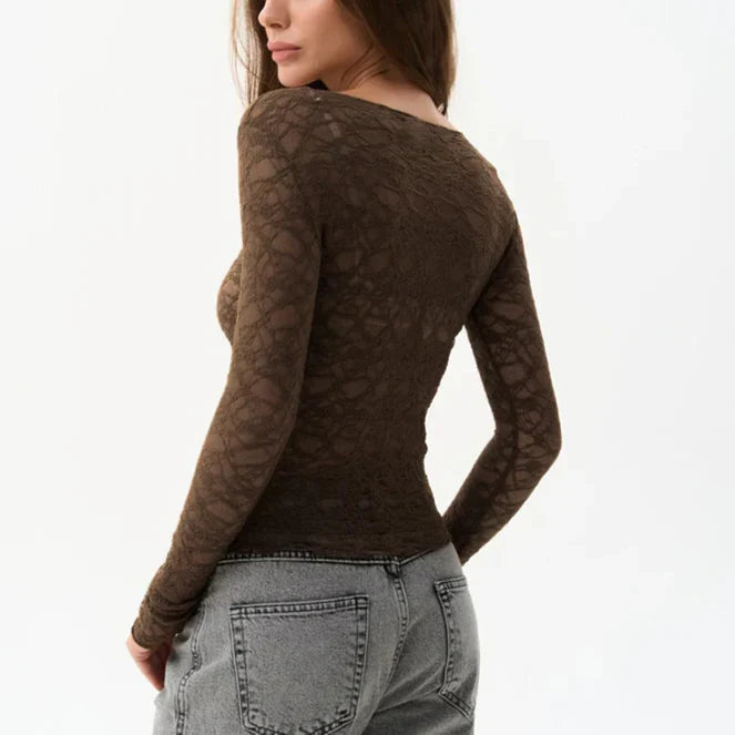 Saskia טופ תחרה שקוף עם שרוול ארוך