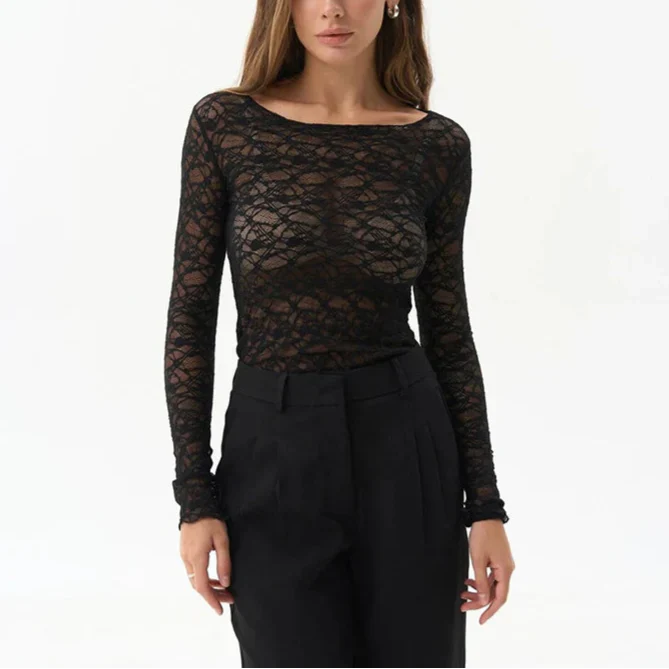 Saskia טופ תחרה שקוף עם שרוול ארוך